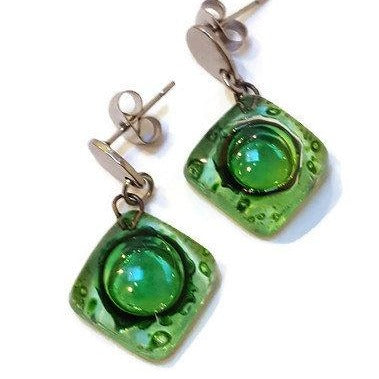 Small green recycled fused glass post dangle earrings. Drop earrings. Handmade Stud drop earrings