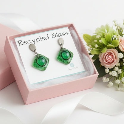 Small green recycled fused glass post dangle earrings. Drop earrings. Handmade Stud drop earrings