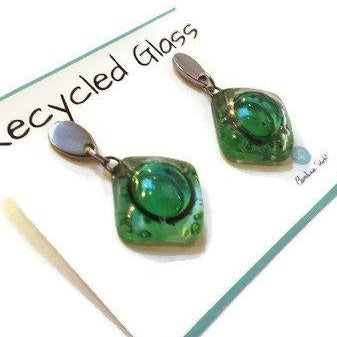 Small green recycled fused glass post dangle earrings. Drop earrings. Handmade Stud drop earrings
