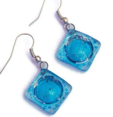 Square Turquoise Recycled Glass Earrings. Small fused Glass Earrings. Glass art