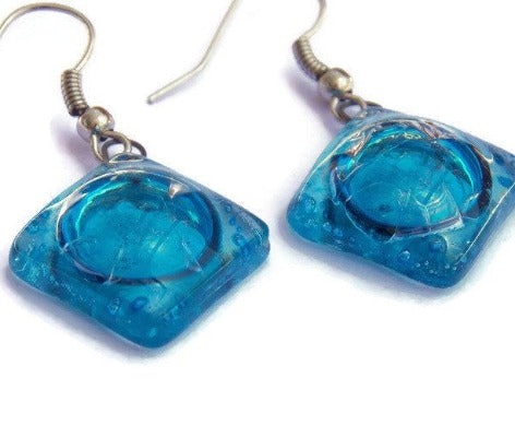 Square Turquoise Recycled Glass Earrings. Small fused Glass Earrings. Glass art