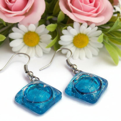 Square Turquoise Recycled Glass Earrings. Small fused Glass Earrings. Glass art