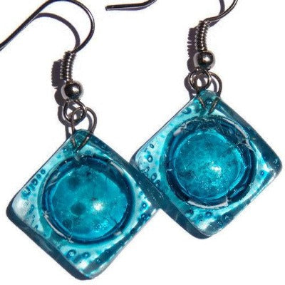 Square Turquoise Recycled Glass Earrings. Small fused Glass Earrings. Glass art