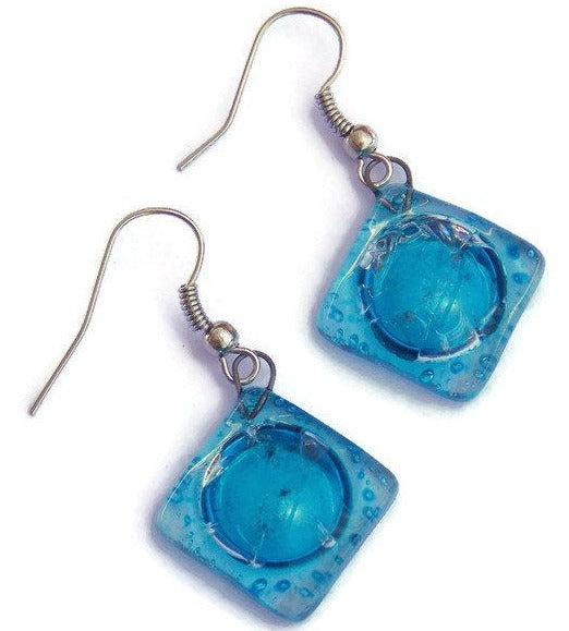 Square Turquoise Recycled Glass Earrings. Small fused Glass Earrings. Glass art