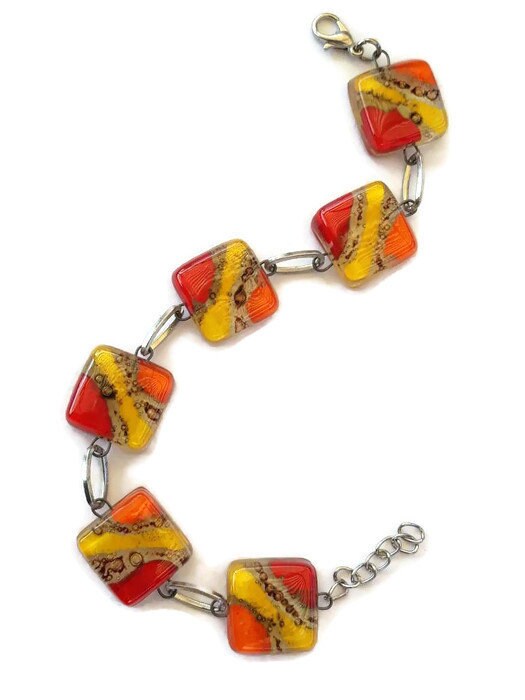 Recycled Fused Glass Yellow, Orange, Red and Brown Bracelet