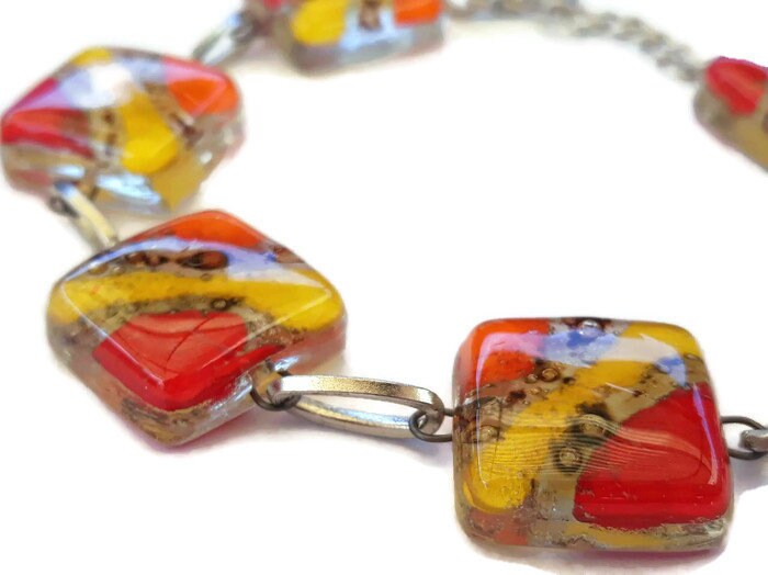 Recycled Fused Glass Yellow, Orange, Red and Brown Bracelet