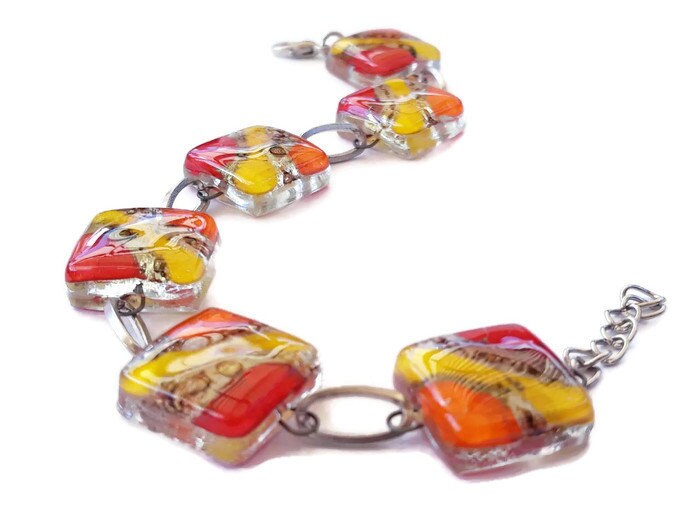 Recycled Fused Glass Yellow, Orange, Red and Brown Bracelet