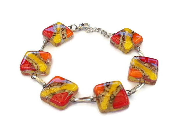 Recycled Fused Glass Yellow, Orange, Red and Brown Bracelet