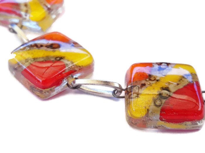 Recycled Fused Glass Yellow, Orange, Red and Brown Bracelet