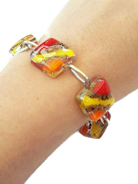 Recycled Fused Glass Yellow, Orange, Red and Brown Bracelet