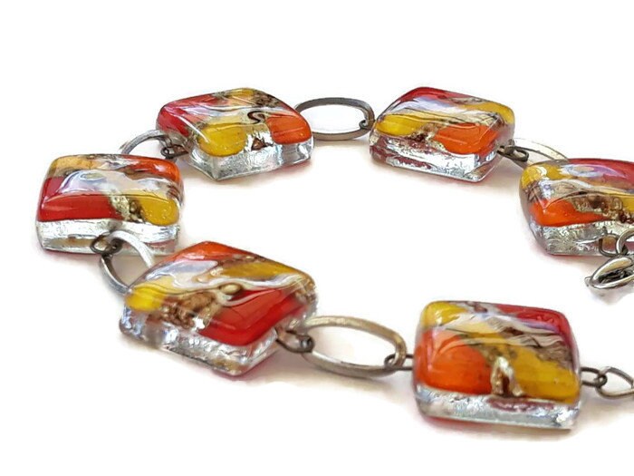 Recycled Fused Glass Yellow, Orange, Red and Brown Bracelet