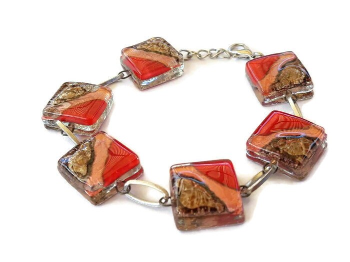 Recycled Fused Glass Red, Copper and Brown Bracelet