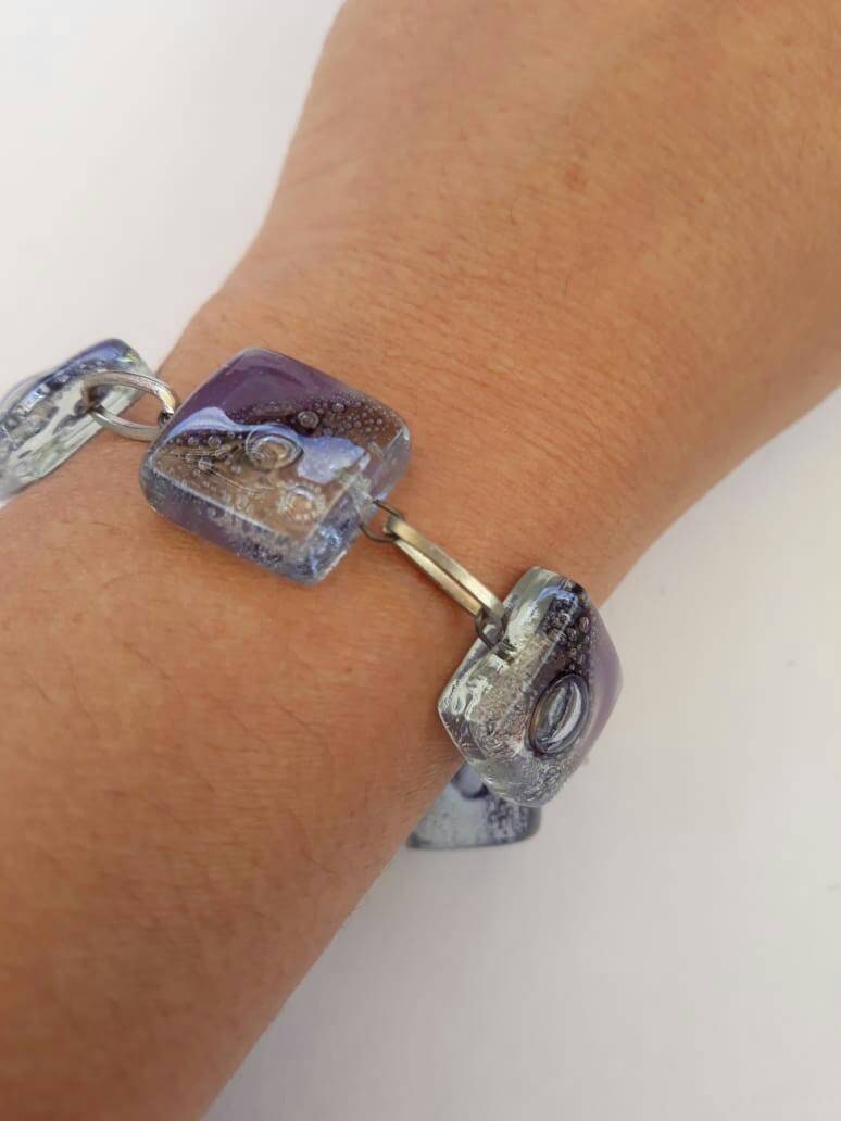 Purple Bracelet. Recycled Fused Glass lilac, purple gray and clear Bracelet