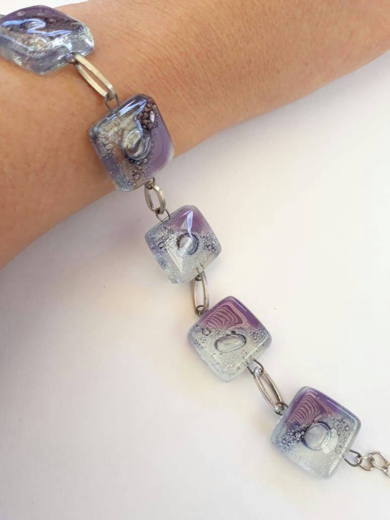 Purple Bracelet. Recycled Fused Glass lilac, purple gray and clear Bracelet