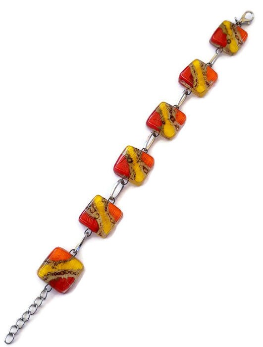 Recycled Fused Glass Yellow, Orange, Red and Brown Bracelet