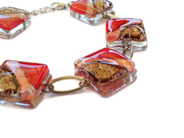 Recycled Fused Glass Red, Copper and Brown Bracelet