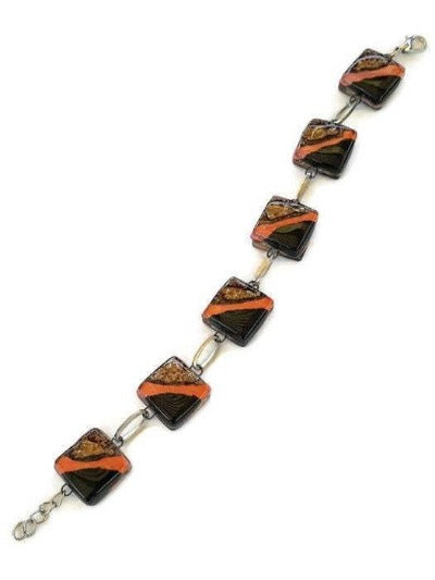 Bracelet Recycled Fused Glass Black, Brown and Copper Bracelet
