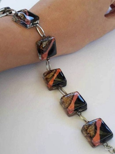 Bracelet Recycled Fused Glass Black, Brown and Copper Bracelet