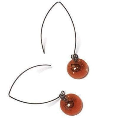 Long fused glass Drop earrings. Pale red and brown Sand V-wire recycled glass dangles.