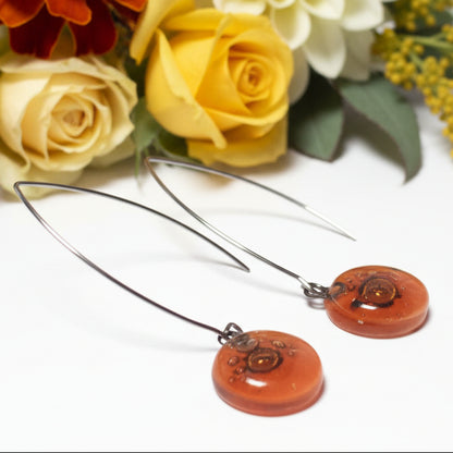 Long fused glass Drop earrings. Pale red and brown Sand V-wire recycled glass dangles.
