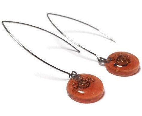 Long fused glass Drop earrings. Pale red and brown Sand V-wire recycled glass dangles.