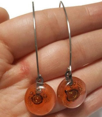 Long fused glass Drop earrings. Pale red and brown Sand V-wire recycled glass dangles.