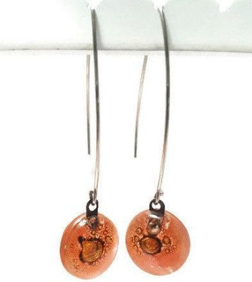 Long fused glass Drop earrings. Pale red and brown Sand V-wire recycled glass dangles.