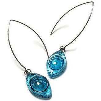 Long open oval V drop earrings. Blue recycled glass drop dangles.