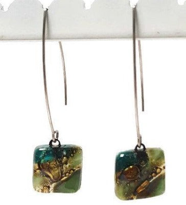 Long fused glass Drop earrings. Forest Green and brown Sand V-wire recycled glass dangles.