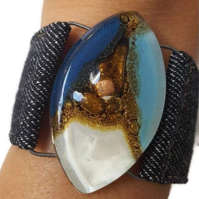 Blue, white and Brown Fused Glass and reclaimed Denim Cuff Bracelet.