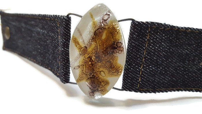 Denim Bracelet. White dark purple and Brown Fused Glass and reclaimed Denim Cuff.