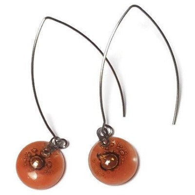 Long fused glass Drop earrings. Pale red and brown Sand V-wire recycled glass dangles.