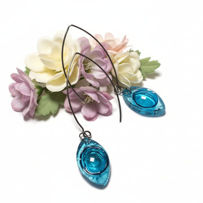 Long open oval V drop earrings. Blue recycled glass drop dangles.