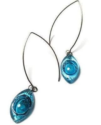 Long open oval V drop earrings. Blue recycled glass drop dangles.