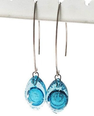 Long open oval V drop earrings. Blue recycled glass drop dangles.