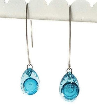 Long open oval V drop earrings. Blue recycled glass drop dangles.