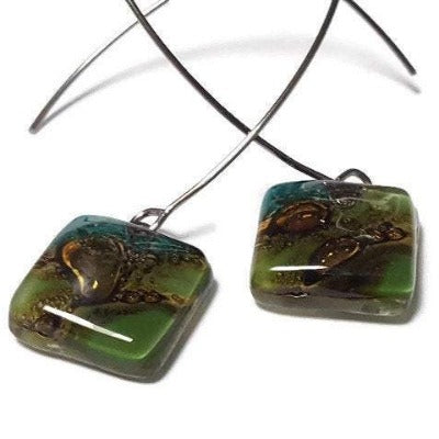 Long fused glass Drop earrings. Forest Green and brown Sand V-wire recycled glass dangles.