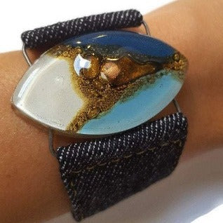 Blue, white and Brown Fused Glass and reclaimed Denim Cuff Bracelet.