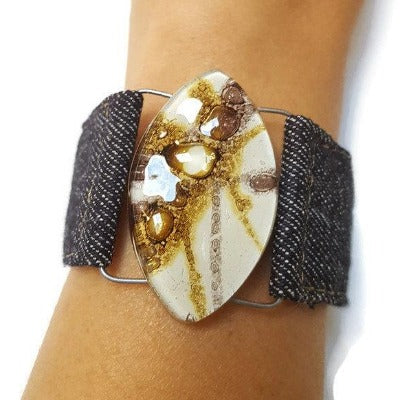 Denim Bracelet. White dark purple and Brown Fused Glass and reclaimed Denim Cuff.