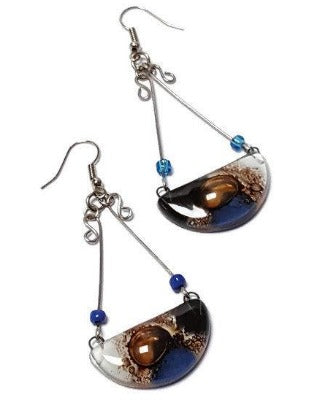 Handmade Fused Glass Long Chandelier earrings Blue, Black Brown and white