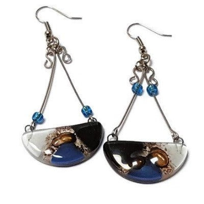 Handmade Fused Glass Long Chandelier earrings Blue, Black Brown and white