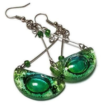 Chandelier Earrings. Recycled Fused GLass green beads.