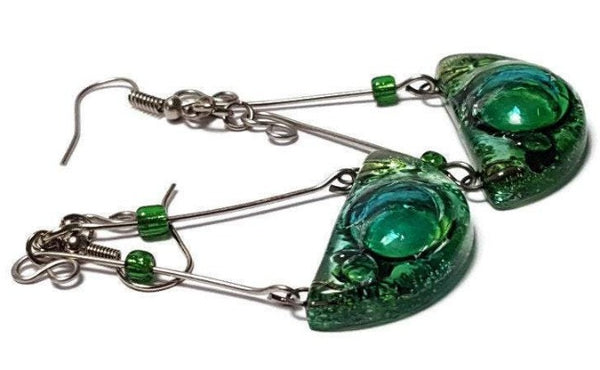 Chandelier Earrings. Recycled Fused GLass green beads.