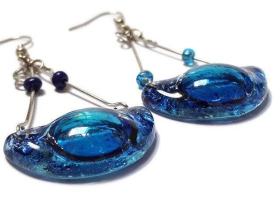 recycled glass handmade chandelier earrings. Blue!!