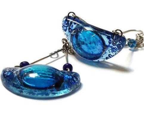 recycled glass handmade chandelier earrings. Blue!!