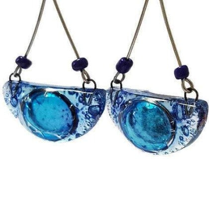 recycled glass handmade chandelier earrings. Blue!!