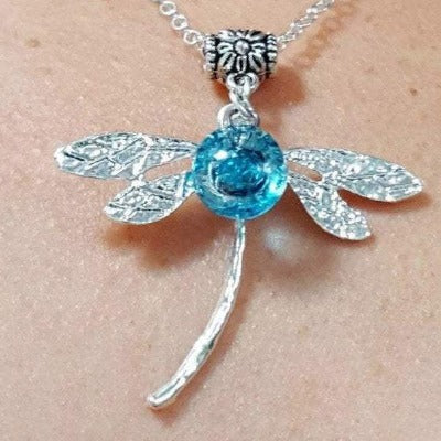Dragonfly necklace. Recycled fused glass turquoise bead.