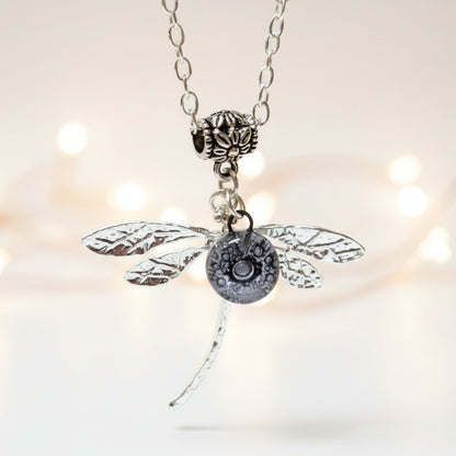 Dragonfly necklace. Recycled fused glass Purply bead.