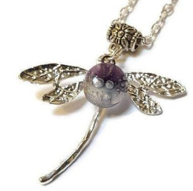 Dragonfly necklace. Recycled fused glass lavender color bead.