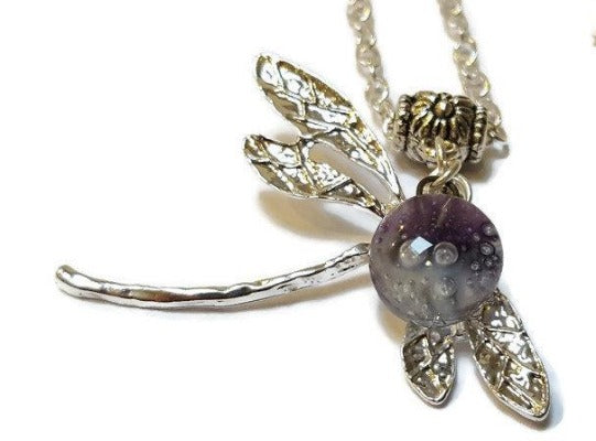 Dragonfly necklace. Recycled fused glass lavender color bead.